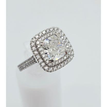 14K White Gold Lab Grown Cushion Diamond Engagement Double Halo Ring 3.40ct IGI