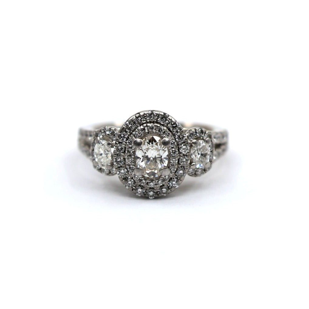 14K White Gold 1.50ct Oval Diamond Three Stone Halo Ring