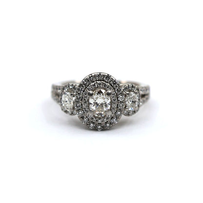 14K White Gold 1.50ct Oval Diamond Three Stone Halo Ring