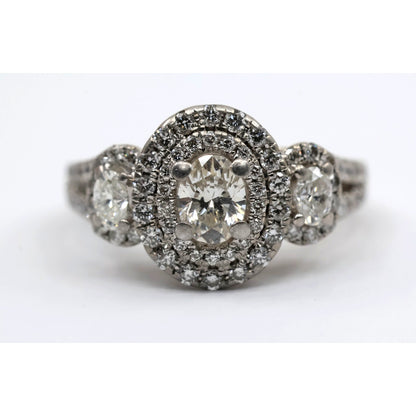 14K White Gold 1.50ct Oval Diamond Three Stone Halo Ring