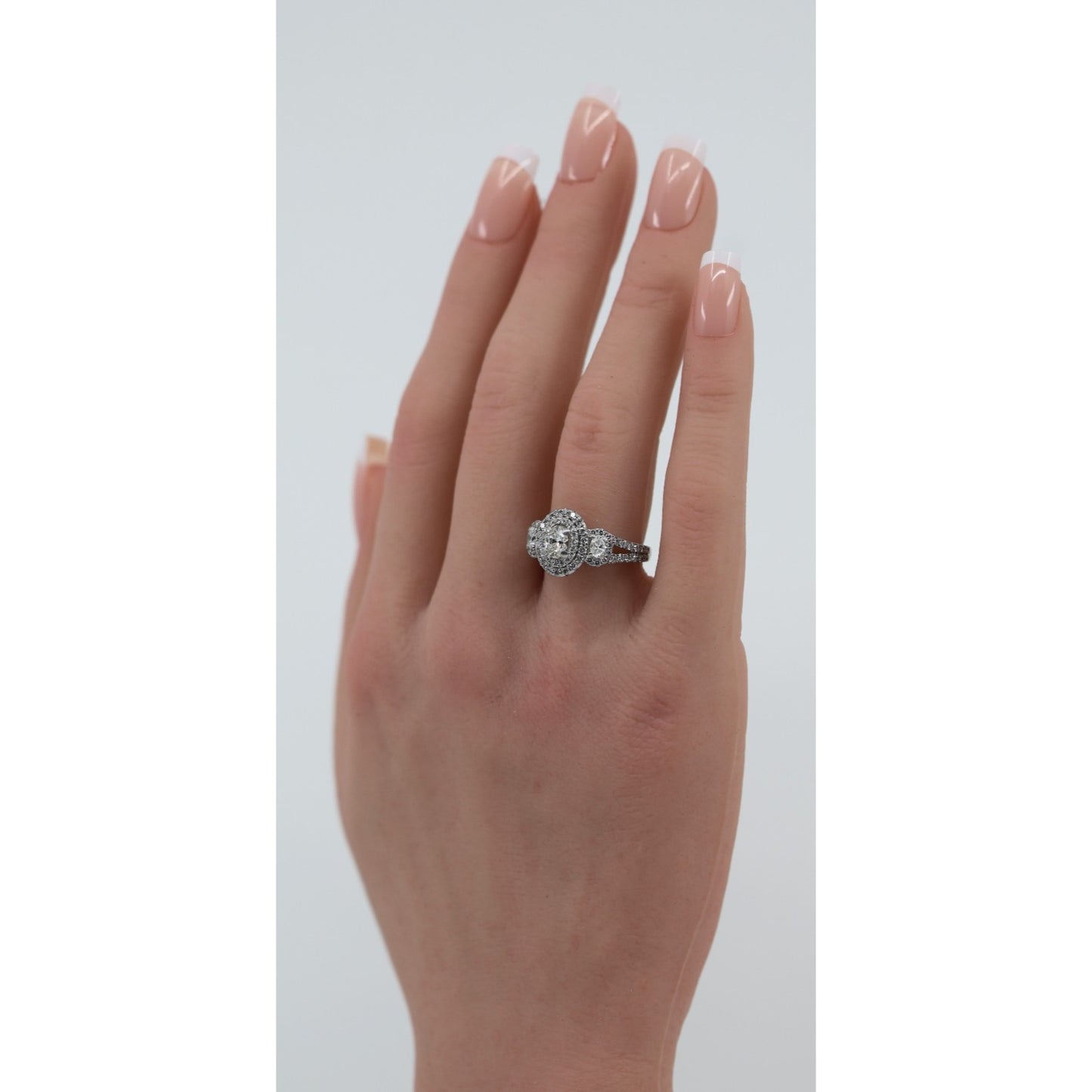 14K White Gold 1.50ct Oval Diamond Three Stone Halo Ring