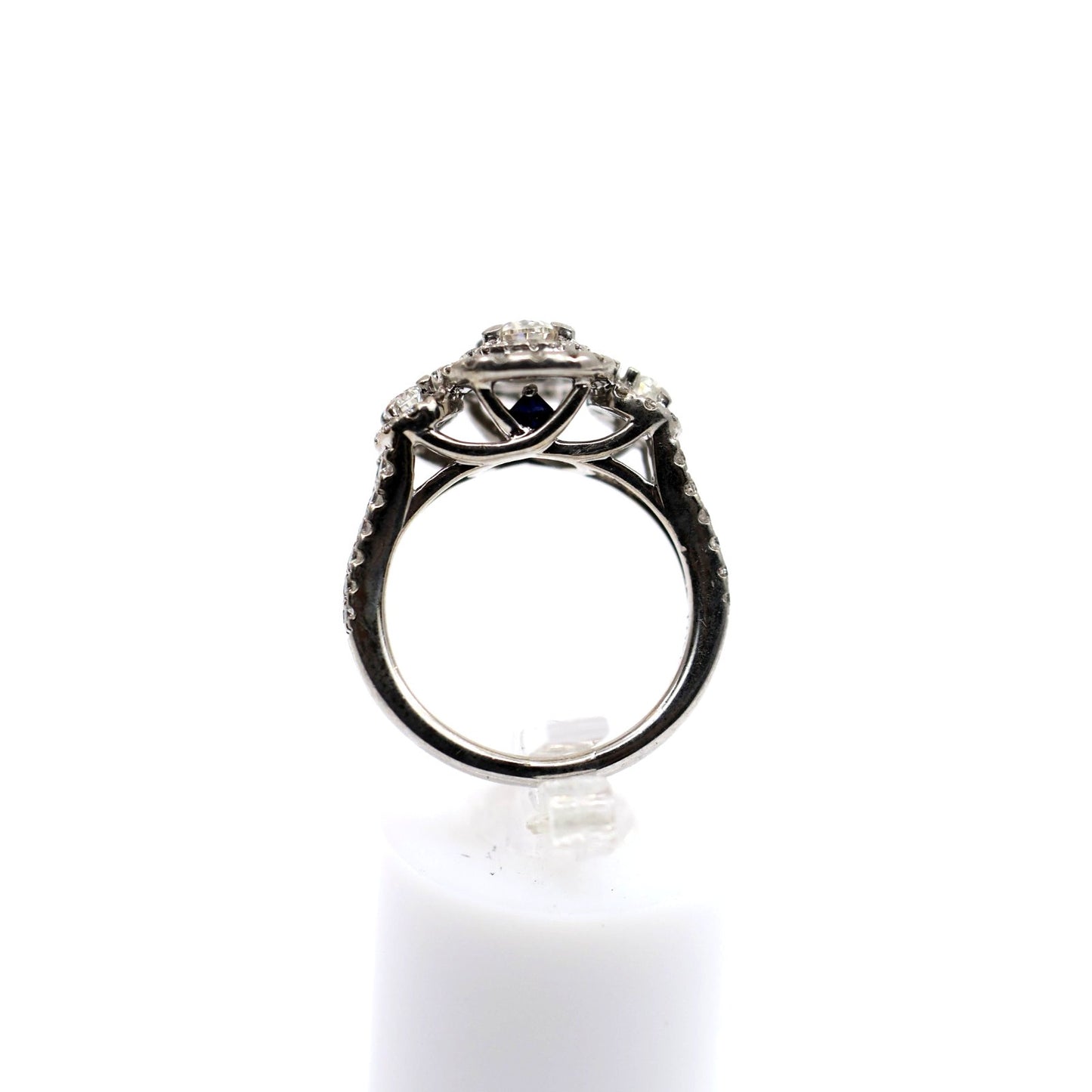14K White Gold 1.50ct Oval Diamond Three Stone Halo Ring