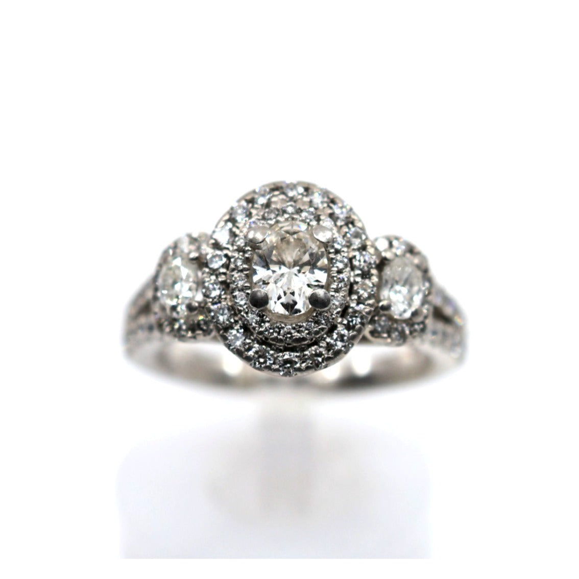 14K White Gold 1.50ct Oval Diamond Three Stone Halo Ring