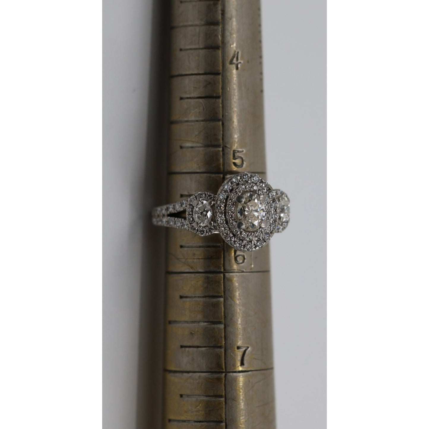 14K White Gold 1.50ct Oval Diamond Three Stone Halo Ring