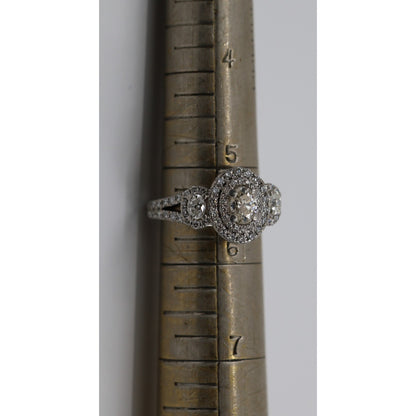 14K White Gold 1.50ct Oval Diamond Three Stone Halo Ring