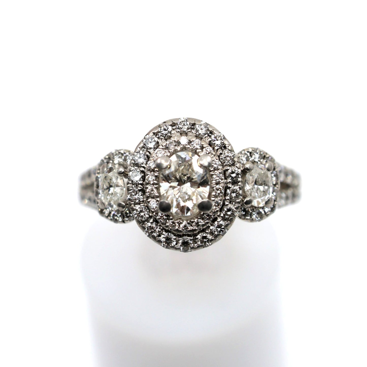 14K White Gold 1.50ct Oval Diamond Three Stone Halo Ring