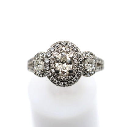 14K White Gold 1.50ct Oval Diamond Three Stone Halo Ring