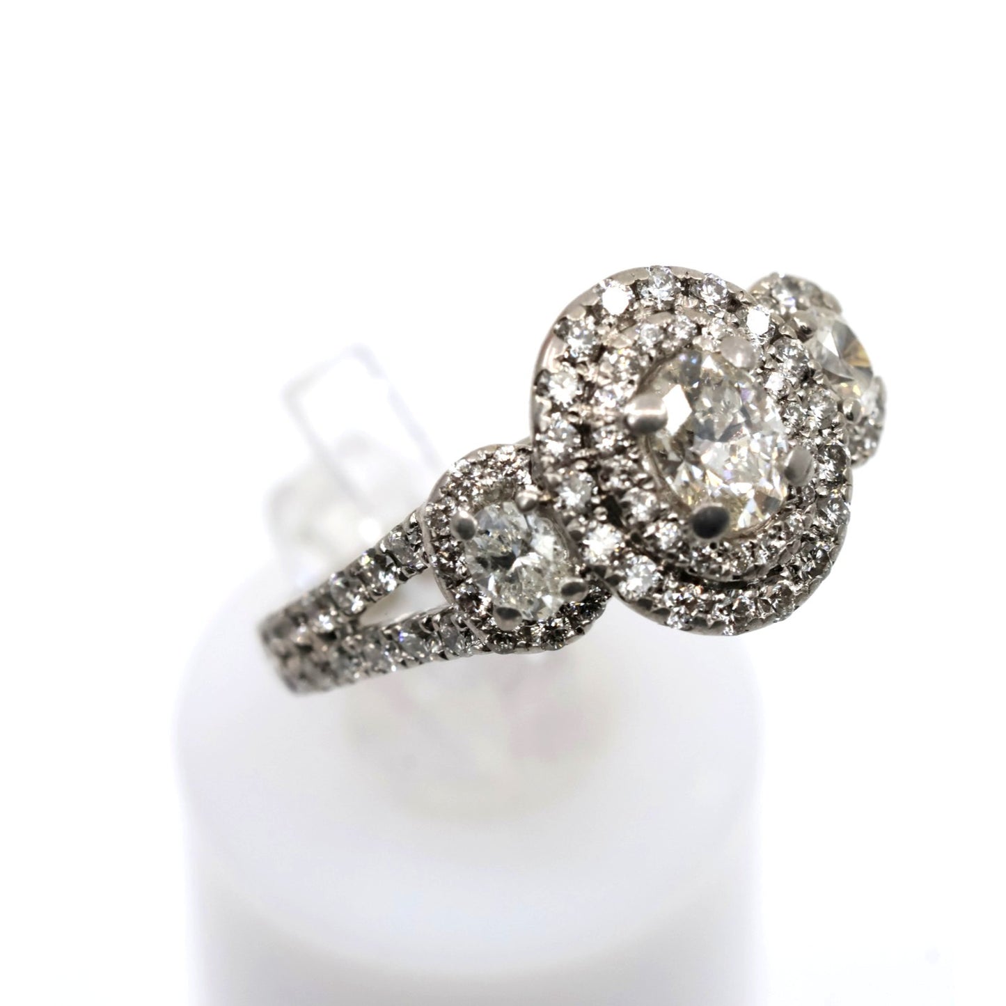 14K White Gold 1.50ct Oval Diamond Three Stone Halo Ring