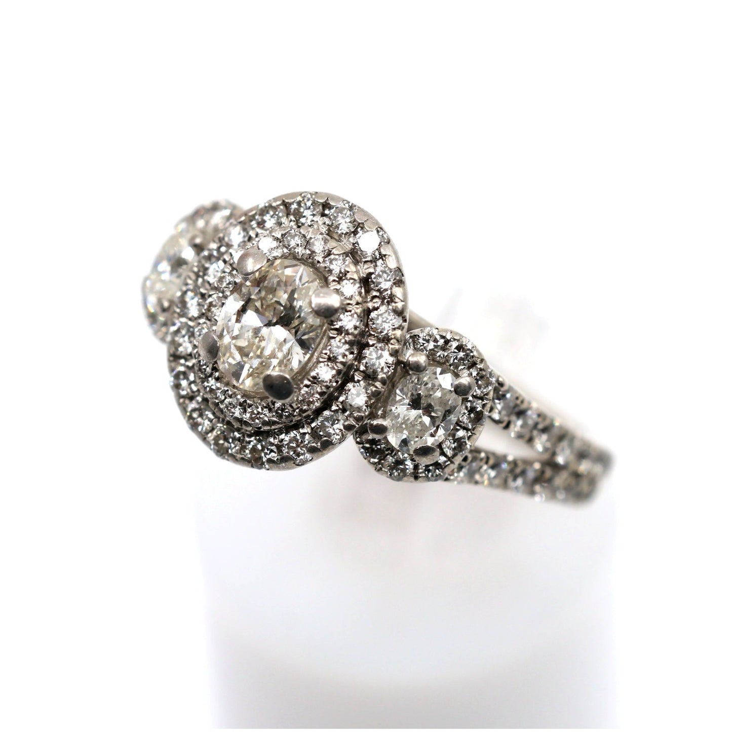 14K White Gold 1.50ct Oval Diamond Three Stone Halo Ring