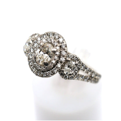14K White Gold 1.50ct Oval Diamond Three Stone Halo Ring