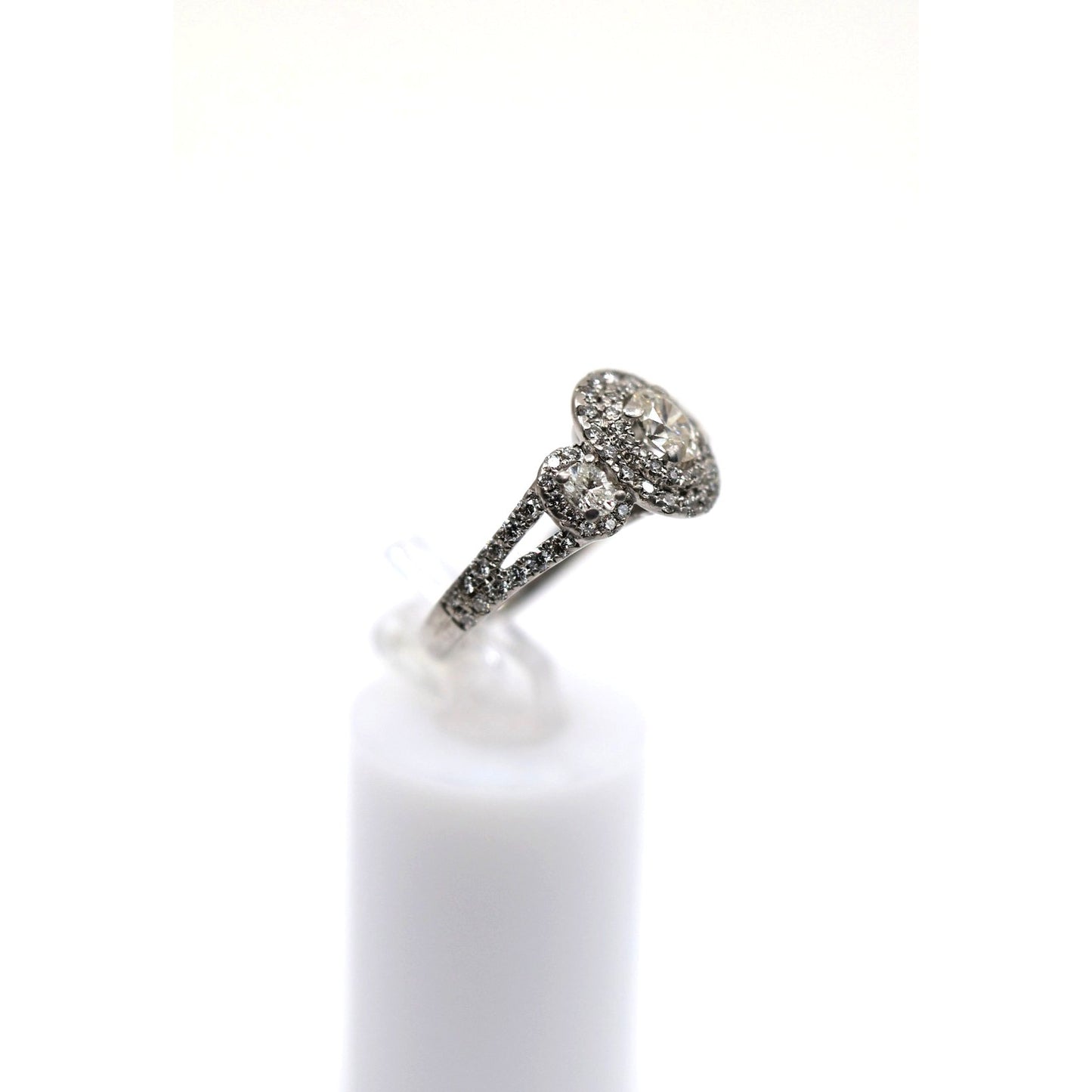 14K White Gold 1.50ct Oval Diamond Three Stone Halo Ring