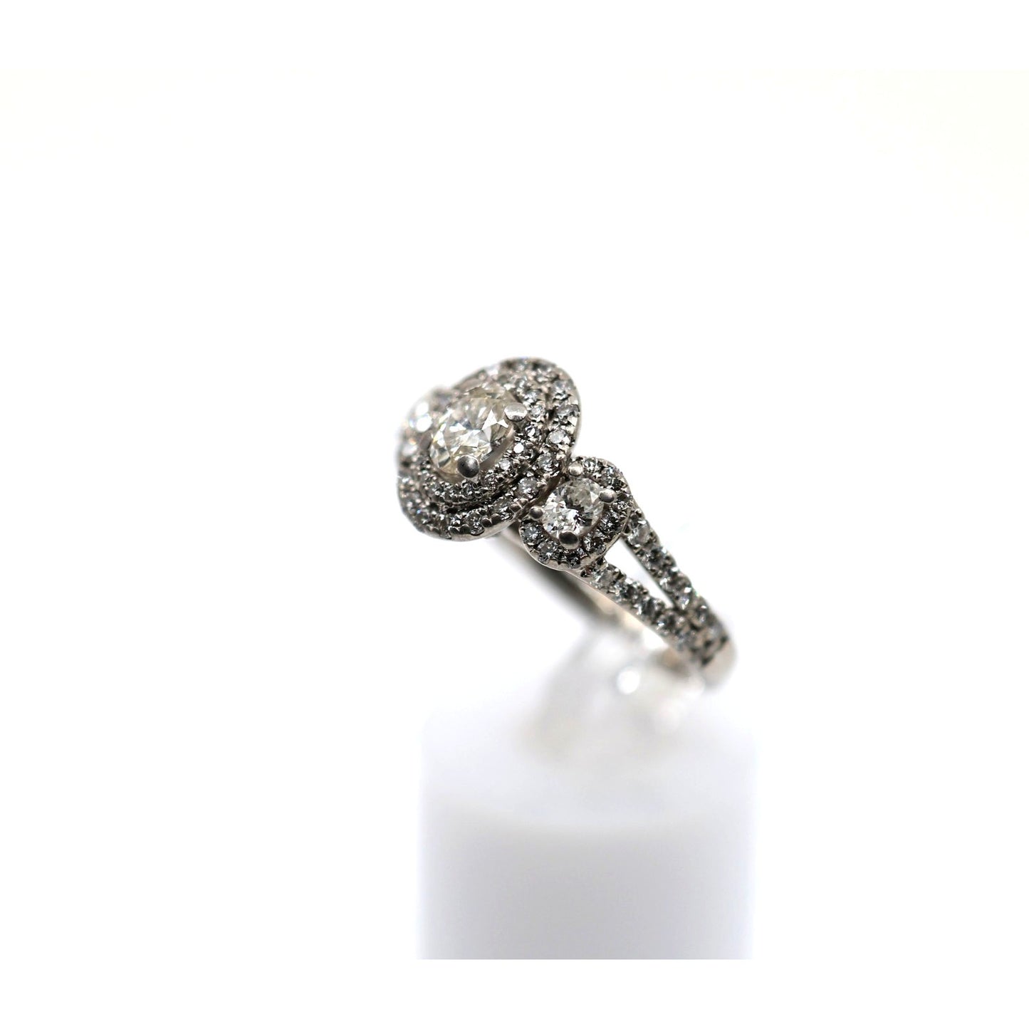 14K White Gold 1.50ct Oval Diamond Three Stone Halo Ring