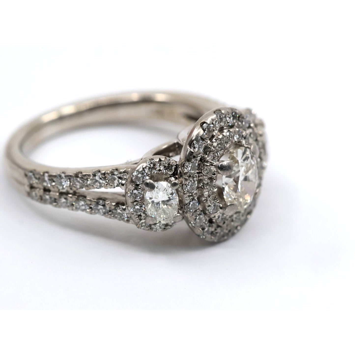 14K White Gold 1.50ct Oval Diamond Three Stone Halo Ring