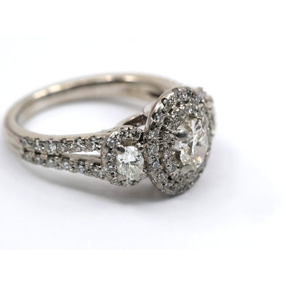 14K White Gold 1.50ct Oval Diamond Three Stone Halo Ring