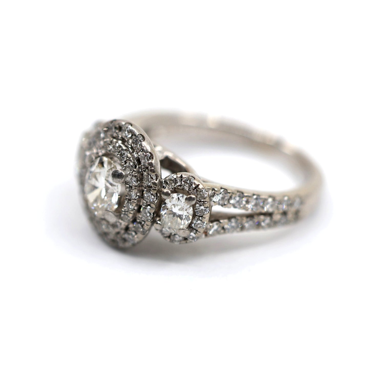 14K White Gold 1.50ct Oval Diamond Three Stone Halo Ring