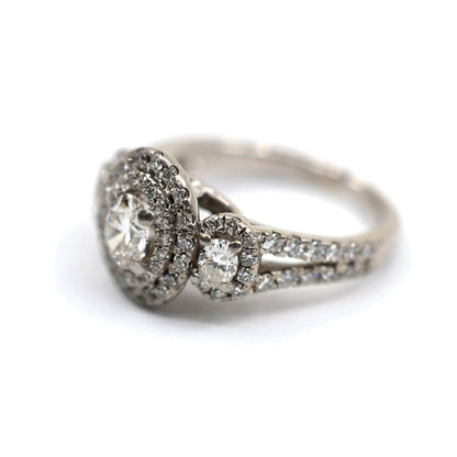 14K White Gold 1.50ct Oval Diamond Three Stone Halo Ring