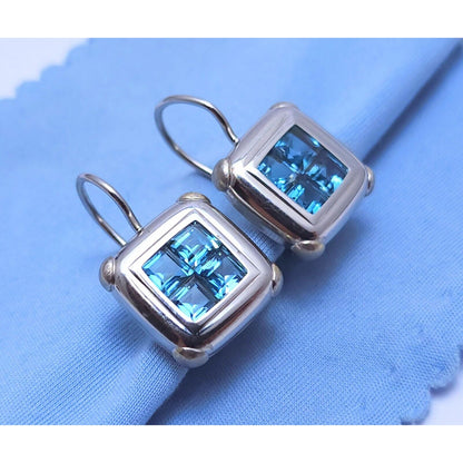 14K White Gold Blue Topaz Dangle Drop French Hook Stud Earrings