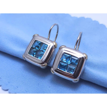 14K White Gold Blue Topaz Dangle Drop French Hook Stud Earrings