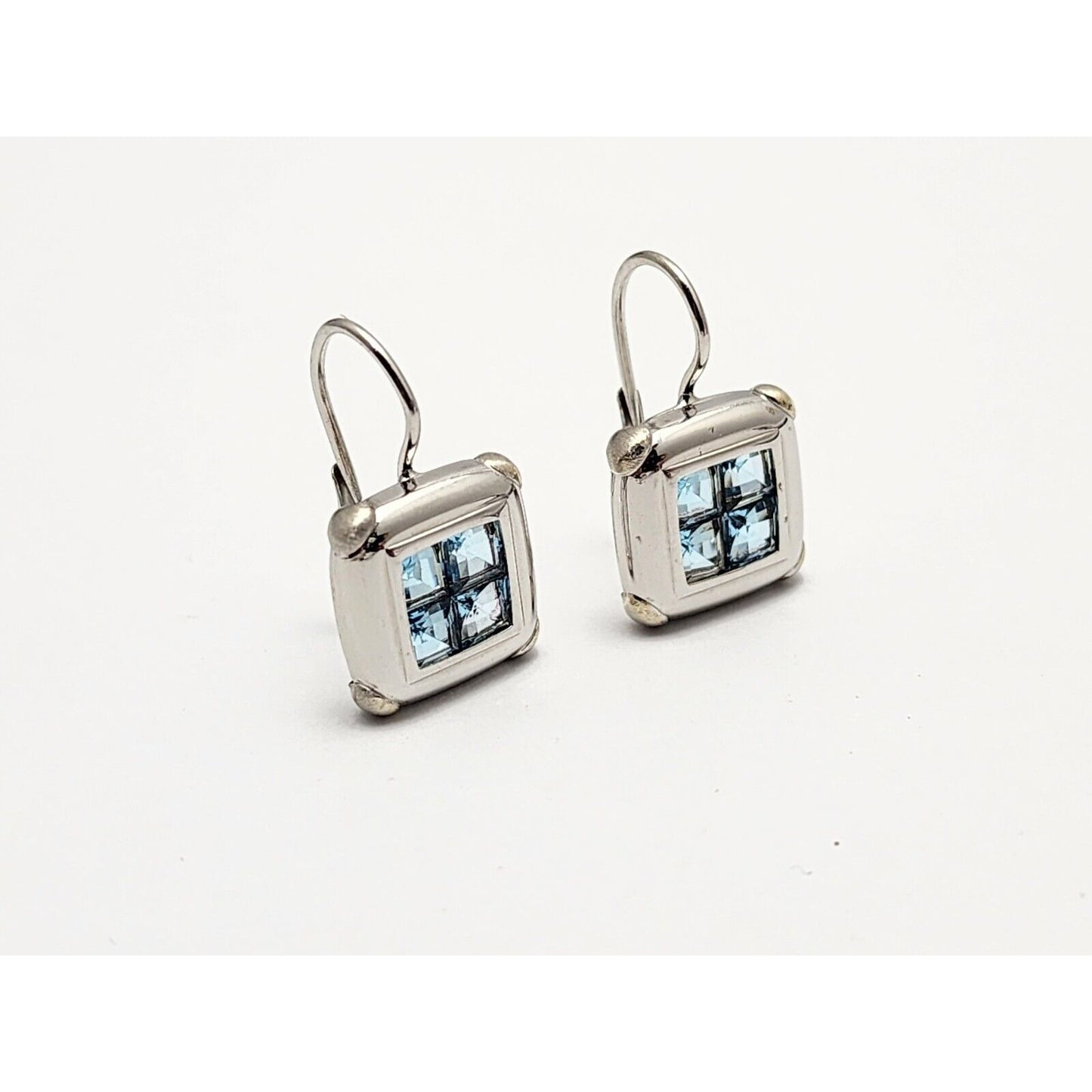 14K White Gold Blue Topaz Dangle Drop French Hook Stud Earrings