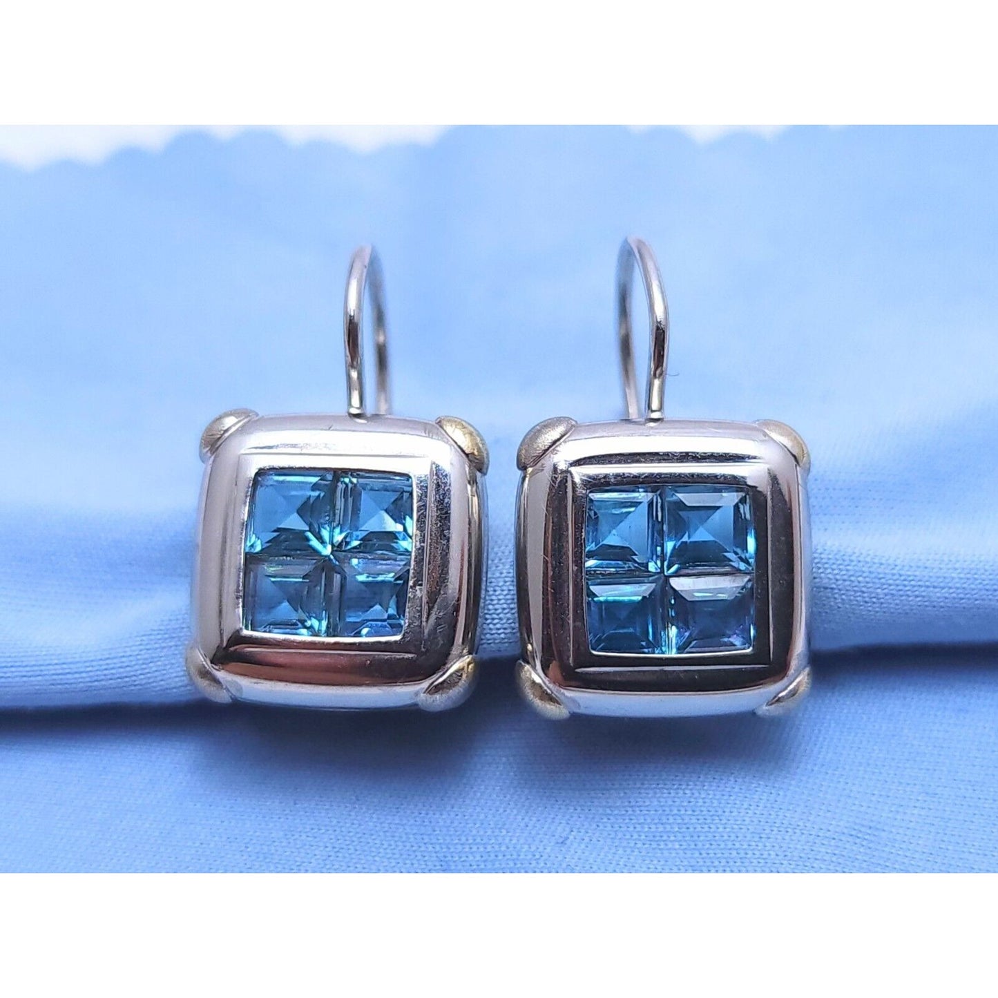 14K White Gold Blue Topaz Dangle Drop French Hook Stud Earrings