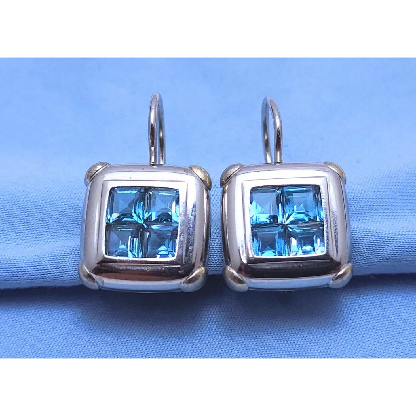 14K White Gold Blue Topaz Dangle Drop French Hook Stud Earrings