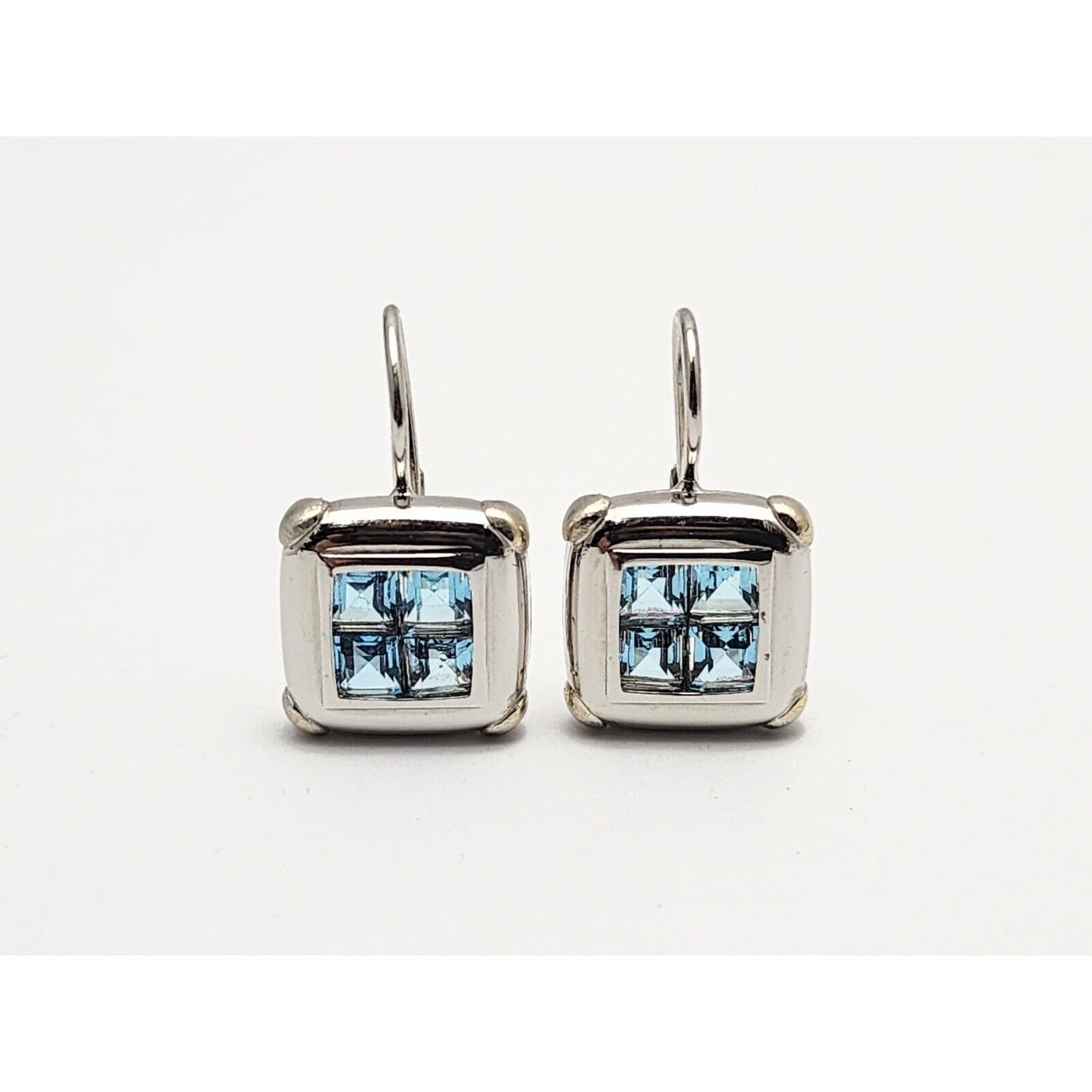 14K White Gold Blue Topaz Dangle Drop French Hook Stud Earrings