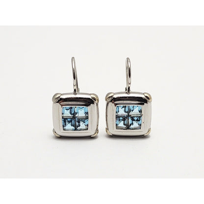 14K White Gold Blue Topaz Dangle Drop French Hook Stud Earrings