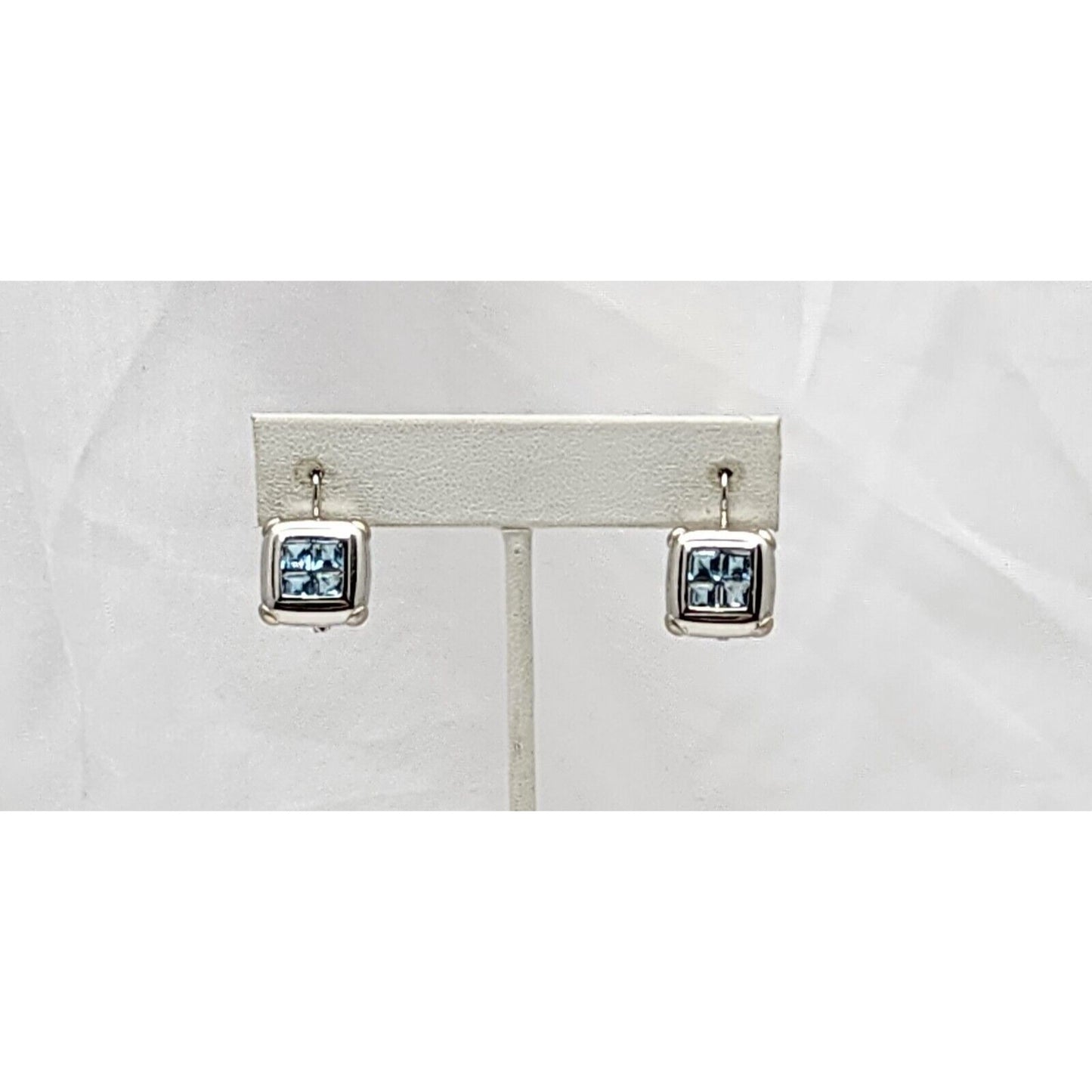 14K White Gold Blue Topaz Dangle Drop French Hook Stud Earrings