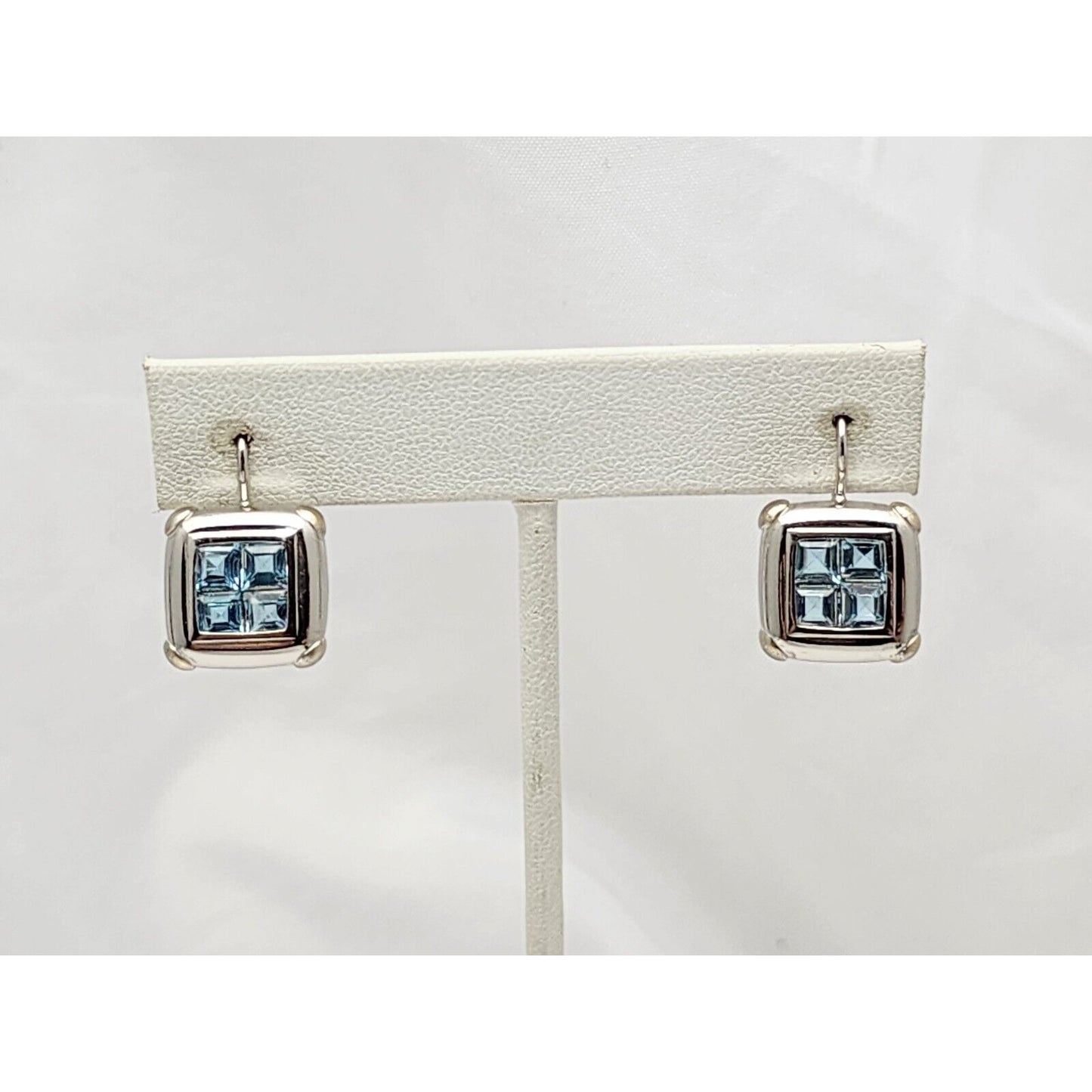 14K White Gold Blue Topaz Dangle Drop French Hook Stud Earrings