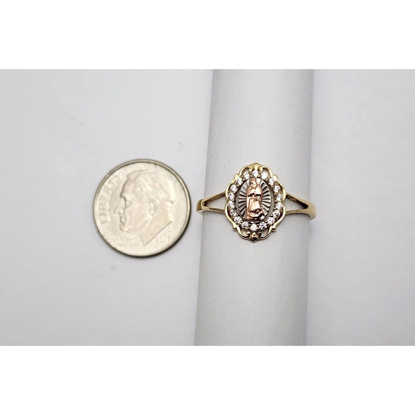 14K Tri Color Gold Saint Mary Guadalupe Cubic Zirconia Ring