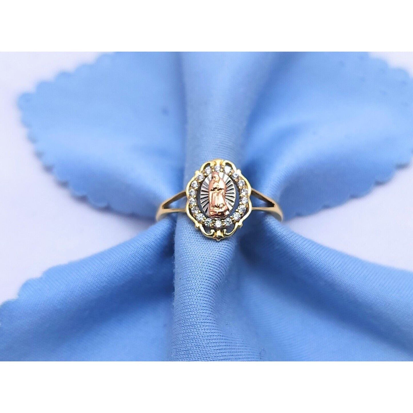 14K Tri Color Gold Saint Mary Guadalupe Cubic Zirconia Ring