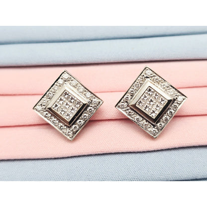 18K White Gold Diamond French Clip Square Shaped Earrings