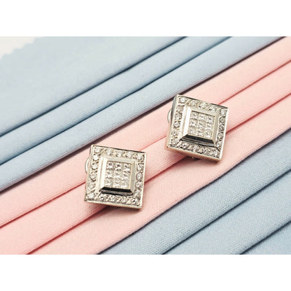 18K White Gold Diamond French Clip Square Shaped Earrings