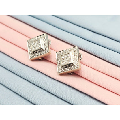 18K White Gold Diamond French Clip Square Shaped Earrings
