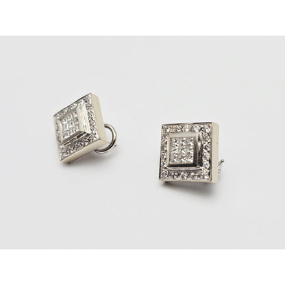 18K White Gold Diamond French Clip Square Shaped Earrings