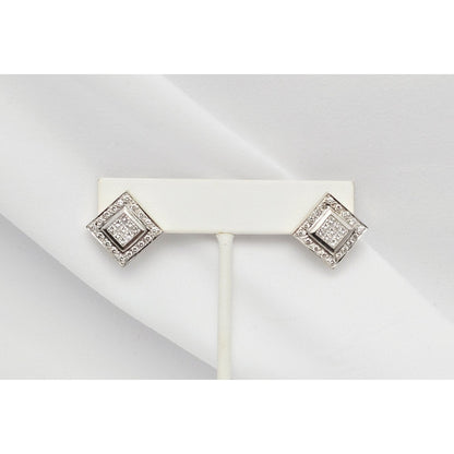 18K White Gold Diamond French Clip Square Shaped Earrings