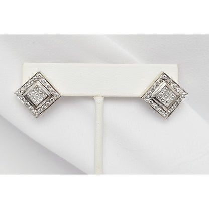 18K White Gold Diamond French Clip Square Shaped Earrings