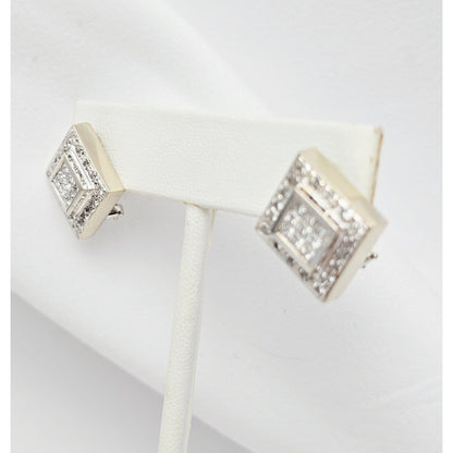 18K White Gold Diamond French Clip Square Shaped Earrings