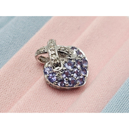 10K White Gold Round Cut Diamond & Tanzanite Heart Charm Pendant