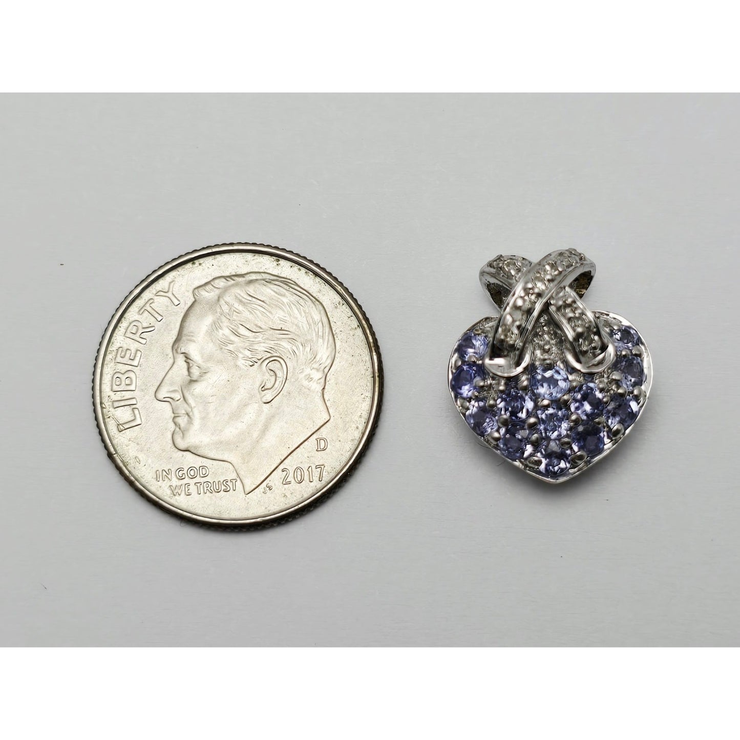 10K White Gold Round Cut Diamond & Tanzanite Heart Charm Pendant