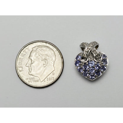 10K White Gold Round Cut Diamond & Tanzanite Heart Charm Pendant
