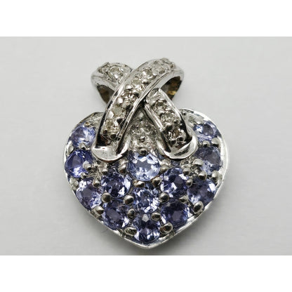 10K White Gold Round Cut Diamond & Tanzanite Heart Charm Pendant