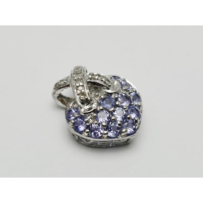 10K White Gold Round Cut Diamond & Tanzanite Heart Charm Pendant