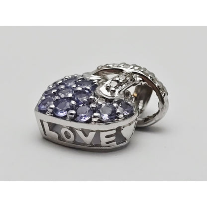 10K White Gold Round Cut Diamond & Tanzanite Heart Charm Pendant