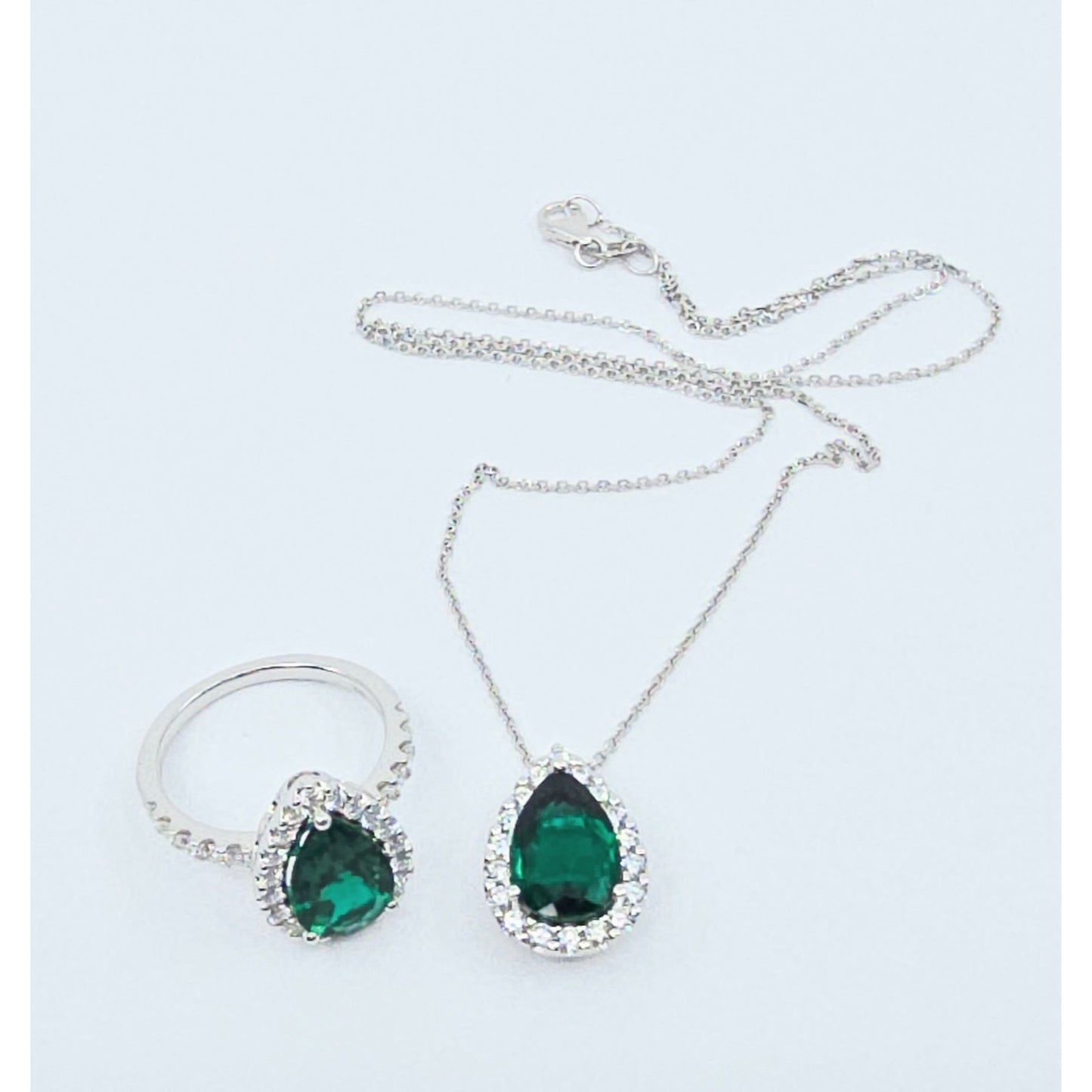 14K White Gold JLJ Lab Grown Emerald & Diamond Ring & Pendant Necklace Set