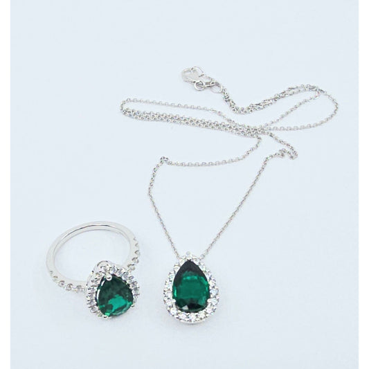 14K White Gold JLJ Lab Grown Emerald & Diamond Ring & Pendant Necklace Set