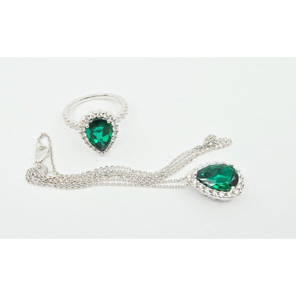 14K White Gold JLJ Lab Grown Emerald & Diamond Ring & Pendant Necklace Set