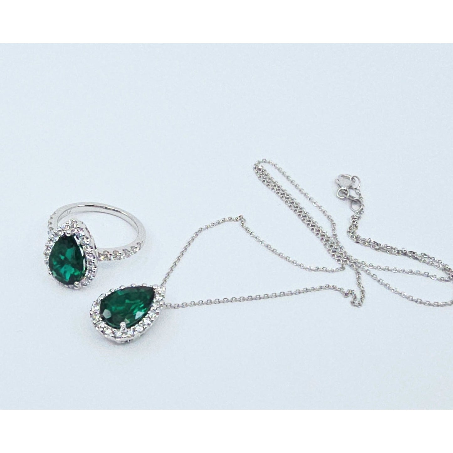 14K White Gold JLJ Lab Grown Emerald & Diamond Ring & Pendant Necklace Set