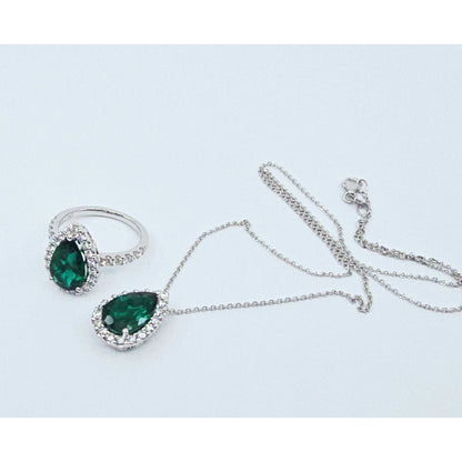 14K White Gold JLJ Lab Grown Emerald & Diamond Ring & Pendant Necklace Set