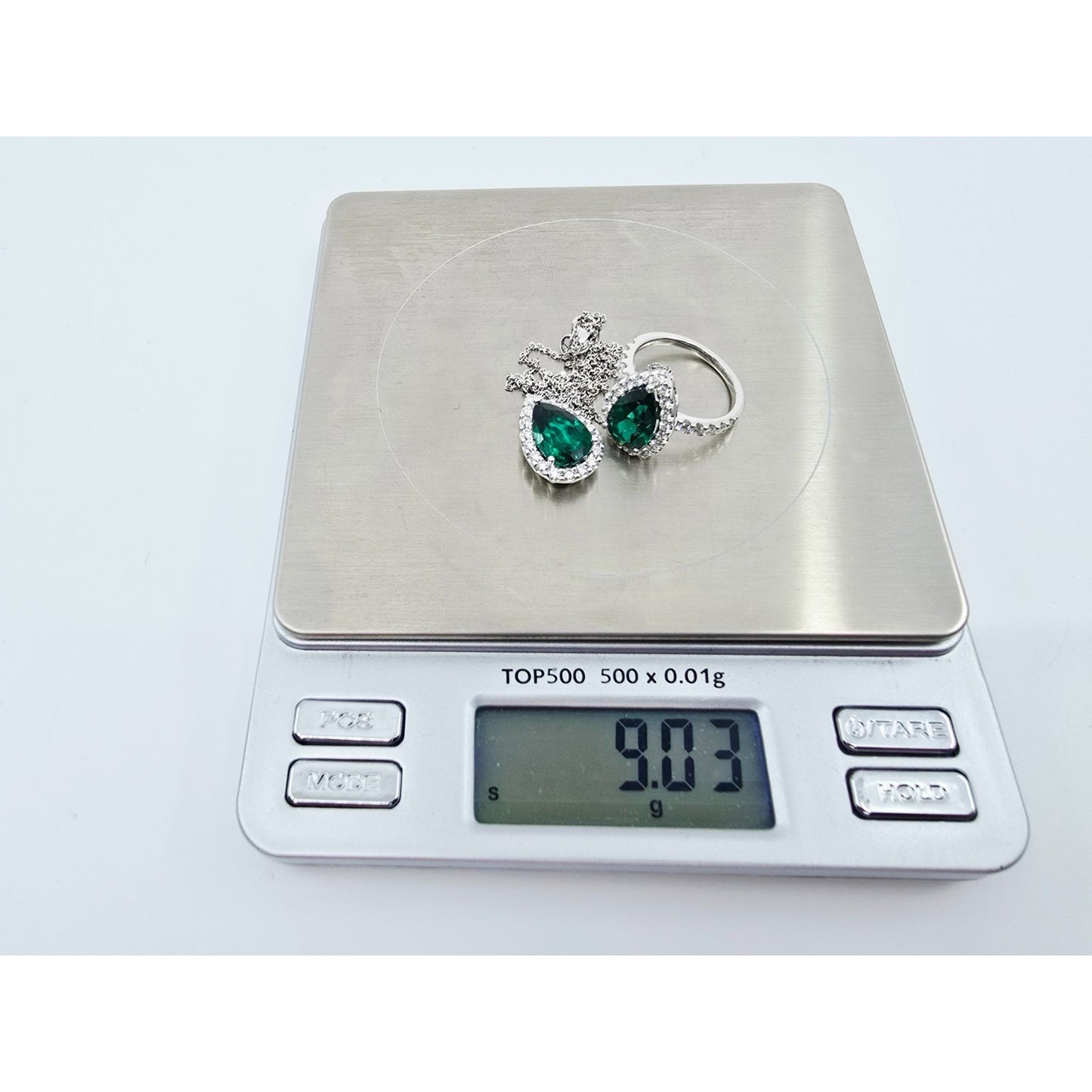 14K White Gold JLJ Lab Grown Emerald & Diamond Ring & Pendant Necklace Set